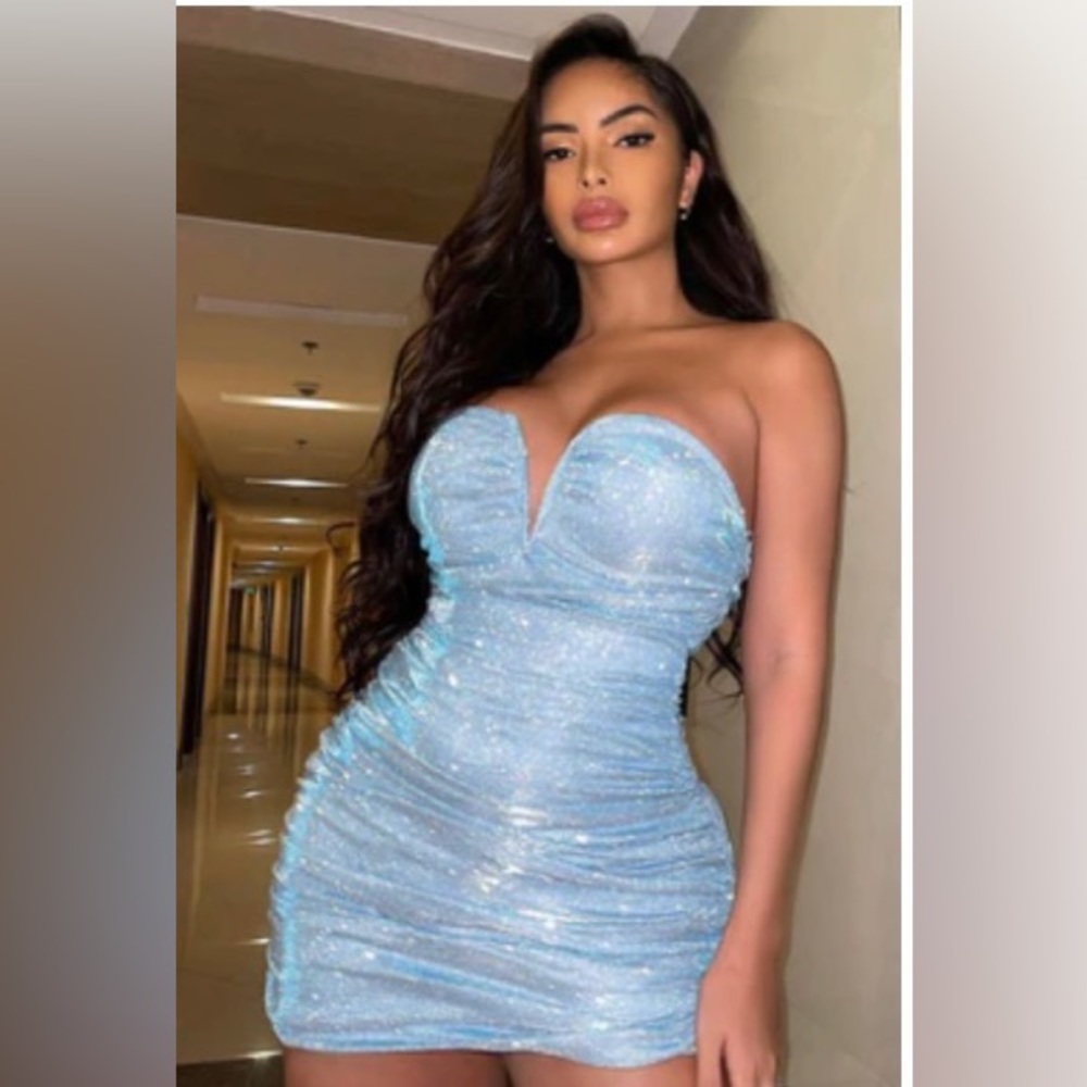 Baddie Metallic Mini Dress - Light Blue